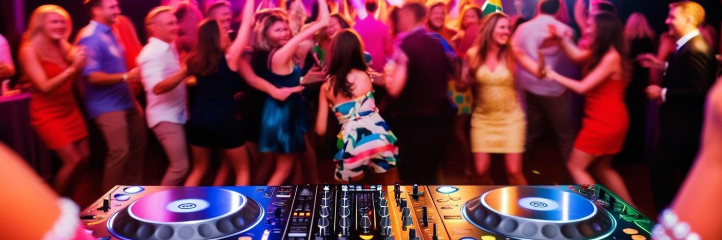 Feiernde Gäste auf einer Tanzfläche einer Geburtstagsfeier mit Partybeleuchtung, Blick vom DJ, Bild KI generiert