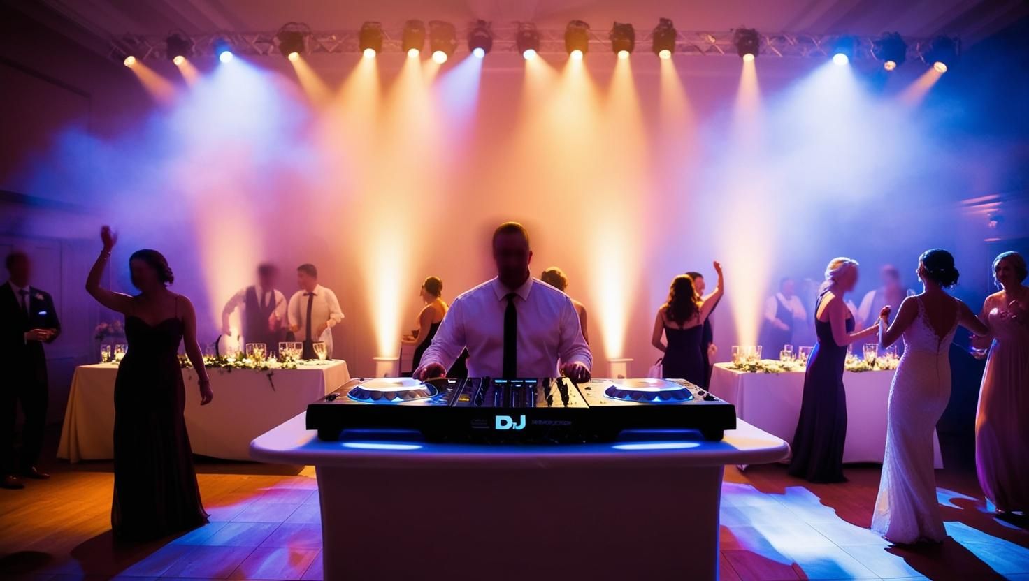 Ein DJ mit stimmungsvollem Licht auf einer Hochzeit.