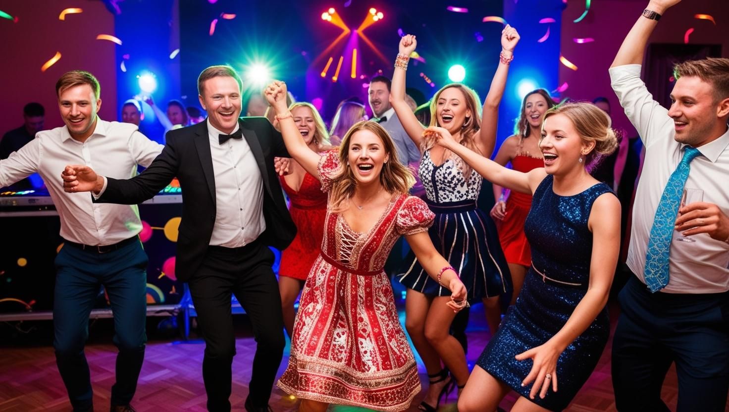 Gäste tanzen bei einer Familienfeier im Landkreis Dahme-Spreewald ausgelassen, DJ-Pult hinter den Tänzer mit Partybeleuchtung.