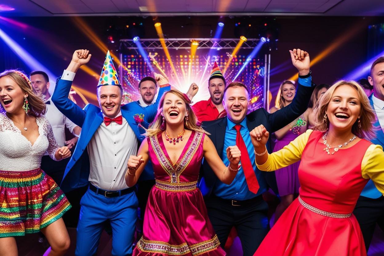 Gäste tanzen bei einer silberne Hochzeit im Landkreis Dahme-Spreewald ausgelassen, DJ-Pult hinter den Tänzer mit Partybeleuchtung.