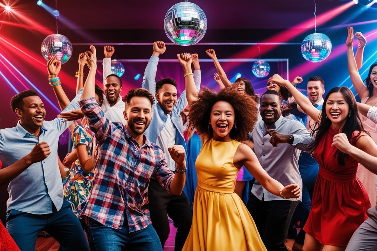 Gäste tanzen bei einem Geburtstag ausgelassen, DJ-Pult mit Partybeleuchtung