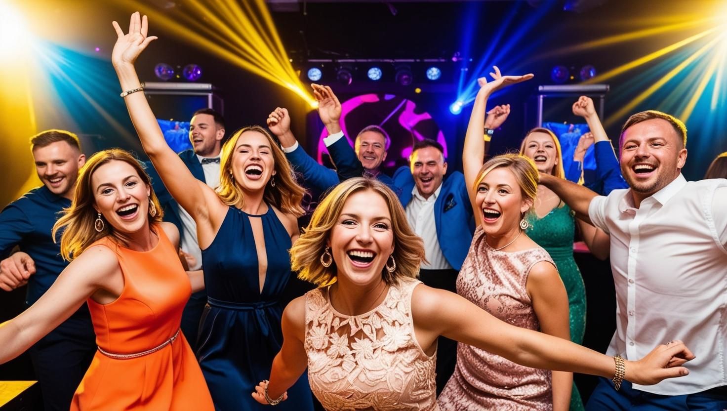 Gäste tanzen bei einem Geburtstag ausgelassen, DJ-Pult hinter den Tänzer mit Partybeleuchtung