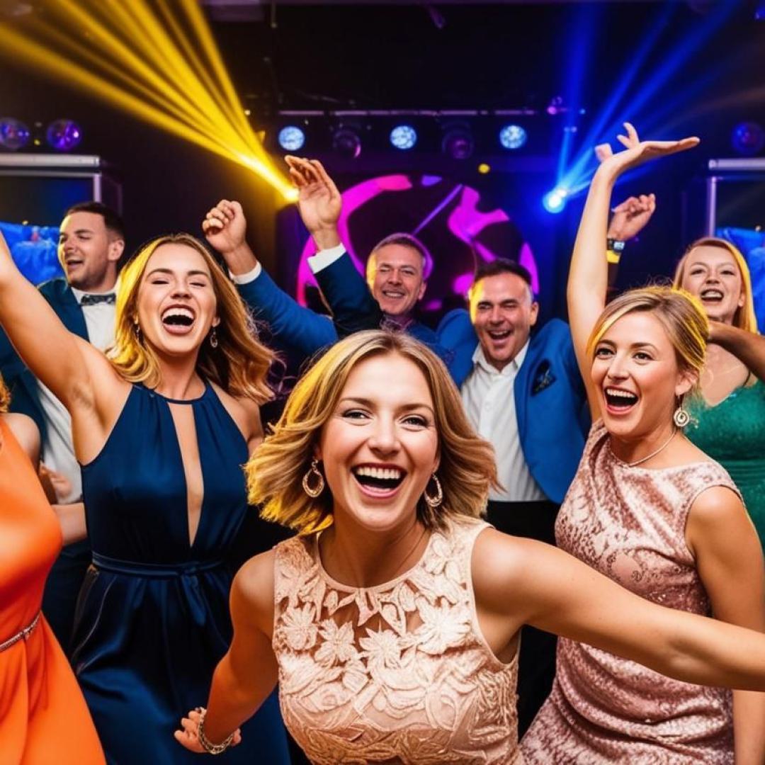 Gäste tanzen bei einem Geburtstag ausgelassen, DJ-Pult hinter den Tänzer mit Partybeleuchtung