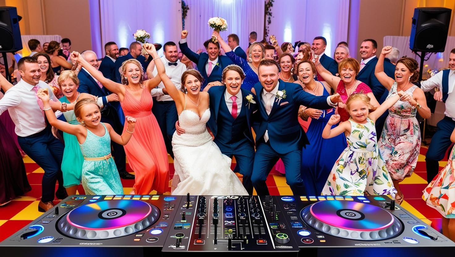 Eine Hochzeitsgesellschaft feiert ausgelassen die Hochzeit mit dem Brautpaar