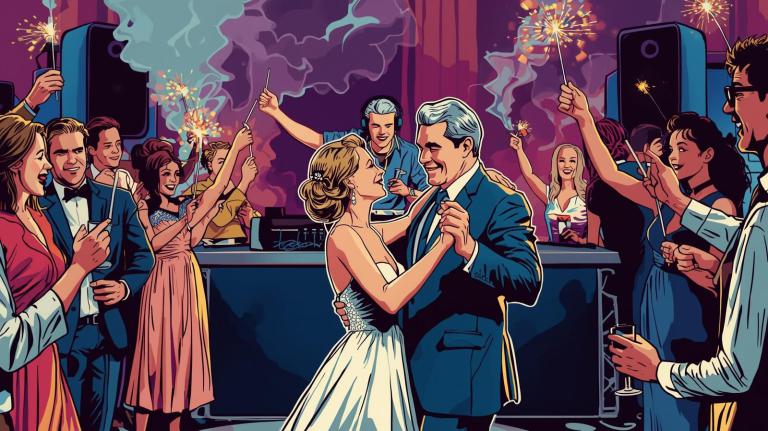 Brautpaar tanzt glücklich umringt von Gästen mit Wunderkerzen, DJ im Hintergrund – Symbol für gelungenen Ablauf einer Hochzeitsfeier mit positiver Stimmung