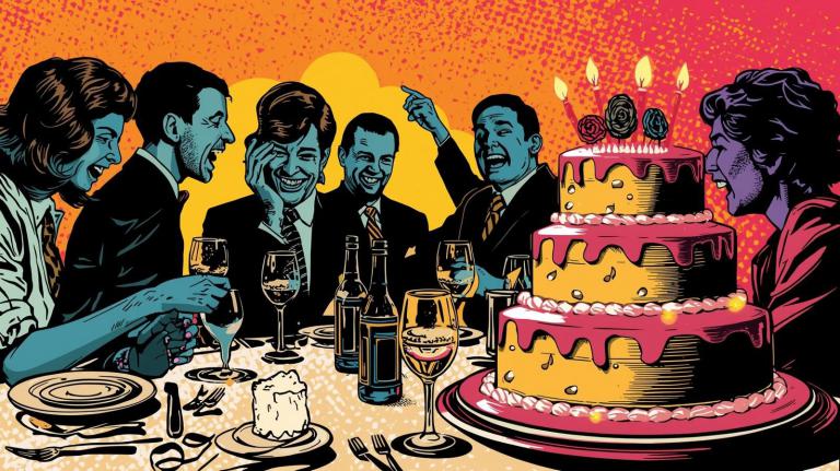 Hochzeitsgäste sitzen lachend am Tisch mit Wein und Torte – Symbol für entspanntes Dinner mit passender Hintergrundmusik und rechtzeitig servierter Hochzeitstorte