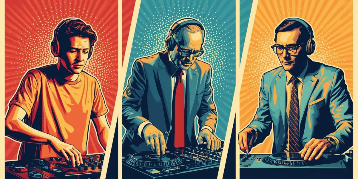 Drei verschiedene DJs – junger Hobby-DJ, älterer nebenberuflicher DJ, professioneller Hauptberufler – Symbol für Unterschiede bei DJ-Erfahrung und Preisportalen