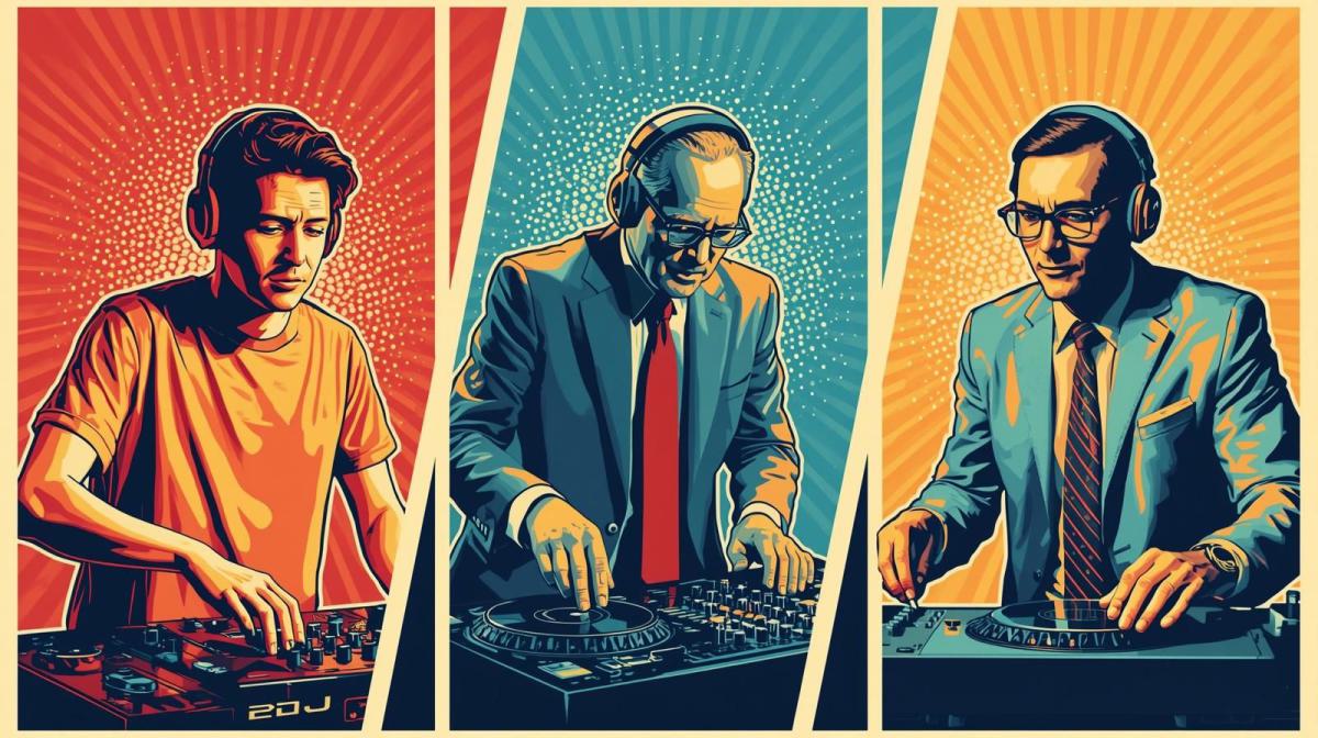 Drei verschiedene DJs – junger Hobby-DJ, älterer nebenberuflicher DJ, professioneller Hauptberufler – Symbol für Unterschiede bei DJ-Erfahrung und Preisportalen