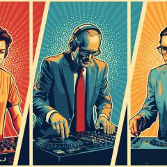 Drei verschiedene DJs – junger Hobby-DJ, älterer nebenberuflicher DJ, professioneller Hauptberufler – Symbol für Unterschiede bei DJ-Erfahrung und Preisportalen