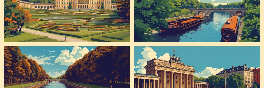 Collage aus Brandenburger Tor, Schloss Sanssouci, Spreewald und Schifffahrt – Symbol für regionale Unterschiede bei DJ-Preisen in Berlin, Potsdam und Brandenburg