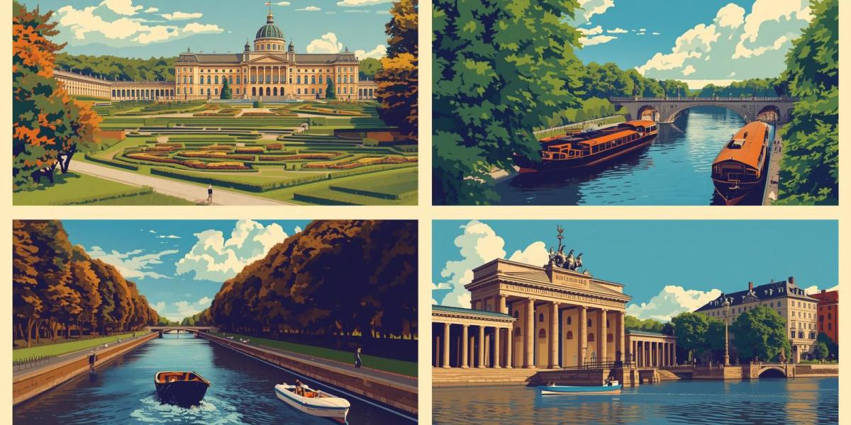 Collage aus Brandenburger Tor, Schloss Sanssouci, Spreewald und Schifffahrt – Symbol für regionale Unterschiede bei DJ-Preisen in Berlin, Potsdam und Brandenburg