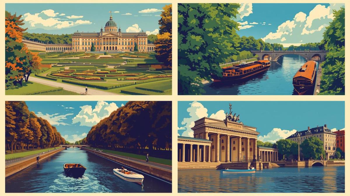 Collage aus Brandenburger Tor, Schloss Sanssouci, Spreewald und Schifffahrt – Symbol für regionale Unterschiede bei DJ-Preisen in Berlin, Potsdam und Brandenburg
