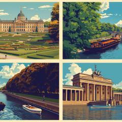 Collage aus Brandenburger Tor, Schloss Sanssouci, Spreewald und Schifffahrt – Symbol für regionale Unterschiede bei DJ-Preisen in Berlin, Potsdam und Brandenburg