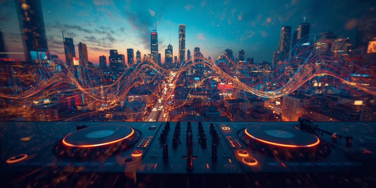 DJ-Pult mit leuchtenden Turntables und Blick über die Skyline einer Stadt bei Nacht – Symbol für transparente DJ-Preise und professionelle Eventplanung in Berlin und Brandenburg
