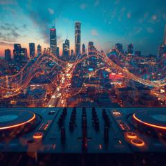 DJ-Pult mit leuchtenden Turntables und Blick über die Skyline einer Stadt bei Nacht – Symbol für transparente DJ-Preise und professionelle Eventplanung in Berlin und Brandenburg