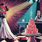 Brautpaar tanzt Hochzeitstanz, große Torte steht auf der Tanzfläche, DJ schaut irritiert – Symbol für zu spätes Essen und unterbrochene Party-Stimmung