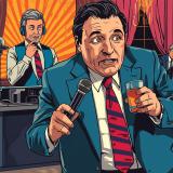 Betrunkener Gast hält mit Mikrofon und Glas eine lange Rede, Braut und Bräutigam wirken genervt – Symbol für Stimmungskiller durch Reden zur falschen Zeit auf Hochzeiten