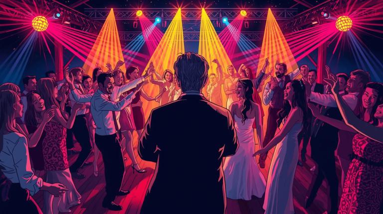 J steuert die Musik in festlicher Location, Gäste und Brautpaar tanzen ausgelassen unter buntem Discolicht – Symbol für Musik als entscheidenden Faktor einer unvergesslichen Feier