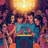 Gelangeilte Gäste stehen um eine Bluetooth-Box und wählen Songs am Tablet, Musik ist aus – Symbol für Stimmungskiller durch Musikpausen auf Feiern und Hochzeiten