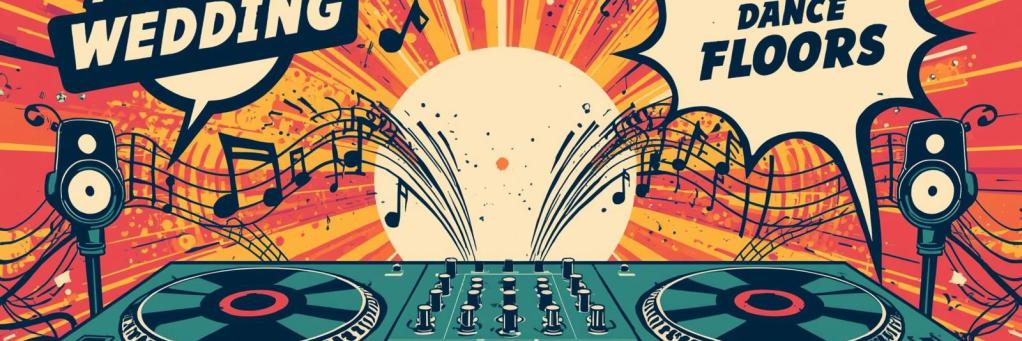 DJ-Pult mit Lautsprechern, Musiknoten und Comic-Stil-Grafik – Symbol für perfekte Musikplanung bei Hochzeit und Feier mit voller Tanzfläche