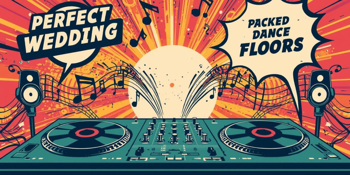 DJ-Pult mit Lautsprechern, Musiknoten und Comic-Stil-Grafik – Symbol für perfekte Musikplanung bei Hochzeit und Feier mit voller Tanzfläche