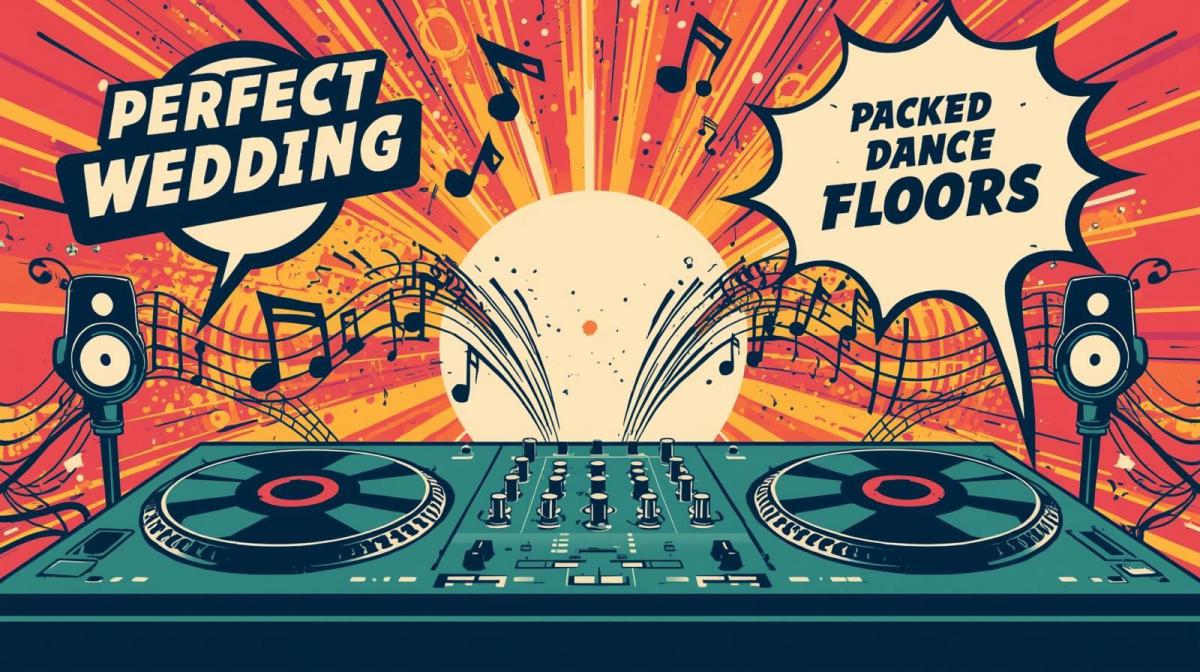 DJ-Pult mit Lautsprechern, Musiknoten und Comic-Stil-Grafik – Symbol für perfekte Musikplanung bei Hochzeit und Feier mit voller Tanzfläche