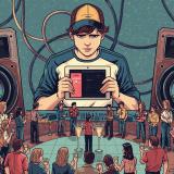 Gelangeilte Gäste stehen im Kreis mit Getränken, Teenager spielt Songs von einem Tablet zwischen großen Lautsprechern – Symbol für Musikpausen