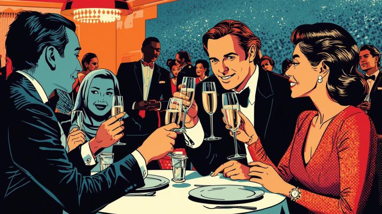 Hochzeitsgäste sitzen am Tisch, stoßen mit Sektgläsern an und unterhalten sich – Symbol für Sektempfang und Begrüßung mit entspannter Musik
