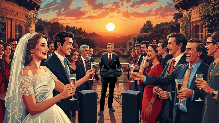 Brautpaar stößt mit Gästen beim Sektempfang auf einer Schlossterrasse im Sonnenuntergang an, DJ sorgt mit dezenter Musik für entspannte Stimmung