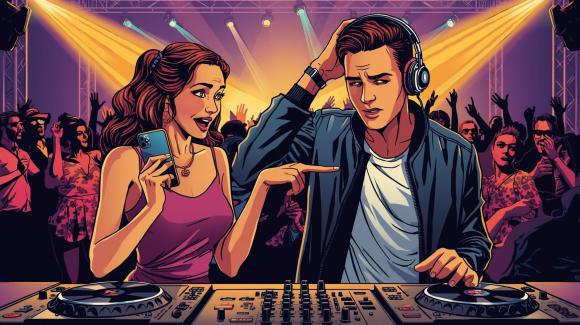 Frau zeigt dem DJ auf ihrem Handy eine Songliste, DJ wirkt unsicher – Symbol für unpassende Musikwünsche und Songs, die auf Hochzeiten & Feiern die Tanzfläche leeren