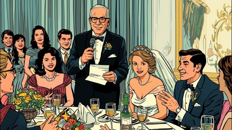 Brautvater hält Rede am Tisch mit Mikrofon und Zettel, Brautpaar und Gäste lachen – Symbol für Spiele und Reden bei Hochzeiten im passenden Moment