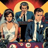 Brautpaar sitzt gelangweilt auf Stühlen, Gäste spielen Bingo, DJ schaut nachdenklich – Symbol für Stimmungskiller durch lange Pausen oder Spiele bei Hochzeiten