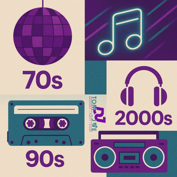 Zu sehen sind typische Musikgegenstände aus den 70ern bis 2010ern