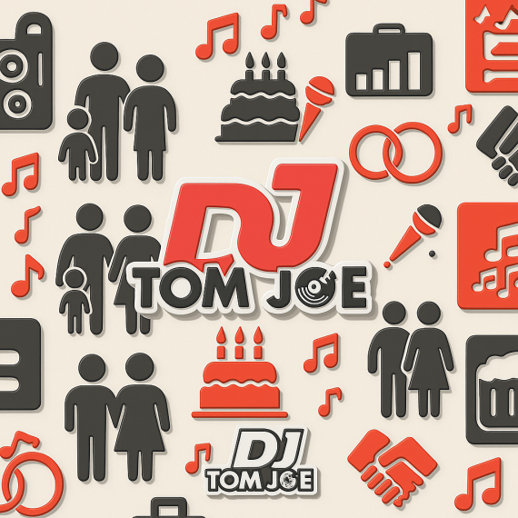 Bild mit Symbole Hochzeitstorte, Geburtstagstorte, Bierkrug, Familie mit Kind, Paar mit Note überm Kopf, Shake Hands, Logo DJ TOM Joe