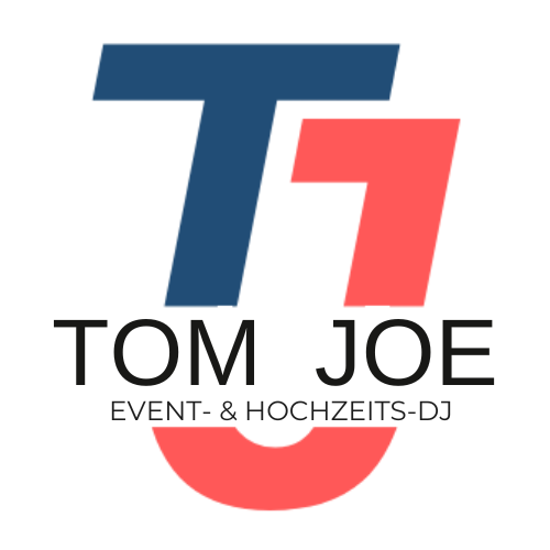 Logo bzw. Schriftzug vom Event- & Hochzeits DJ Tom Joe Zusehen ist ein blaues T und ein rotes J, in dem TOM JOE und die Kernleistung "Event- & Hochzeitsdj" steht.